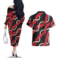 Aloha Ula'ula Hibiscus Pikake Lei Couples Matching Off The Shoulder Long Sleeve Dress and Hawaiian Shirt Hawaiian Quilt Pattern