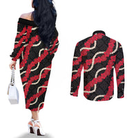 Aloha Ula'ula Hibiscus Pikake Lei Couples Matching Off The Shoulder Long Sleeve Dress and Long Sleeve Button Shirt Hawaiian Quilt Pattern