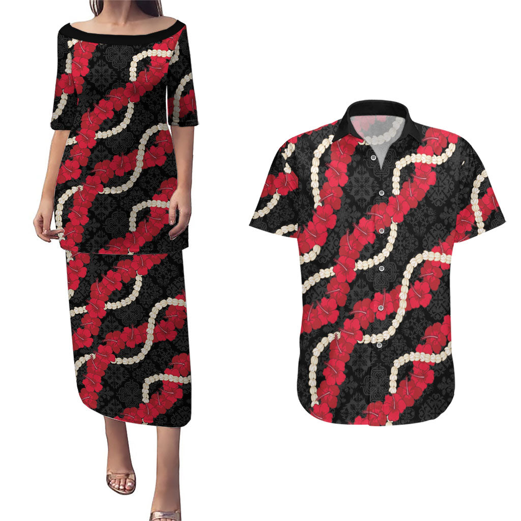 Aloha Ula'ula Hibiscus Pikake Lei Couples Matching Puletasi and Hawaiian Shirt Hawaiian Quilt Pattern LT9 Black - Polynesian Pride