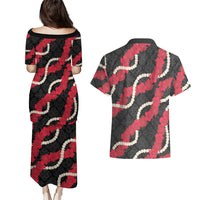 Aloha Ula'ula Hibiscus Pikake Lei Couples Matching Puletasi and Hawaiian Shirt Hawaiian Quilt Pattern LT9 - Polynesian Pride