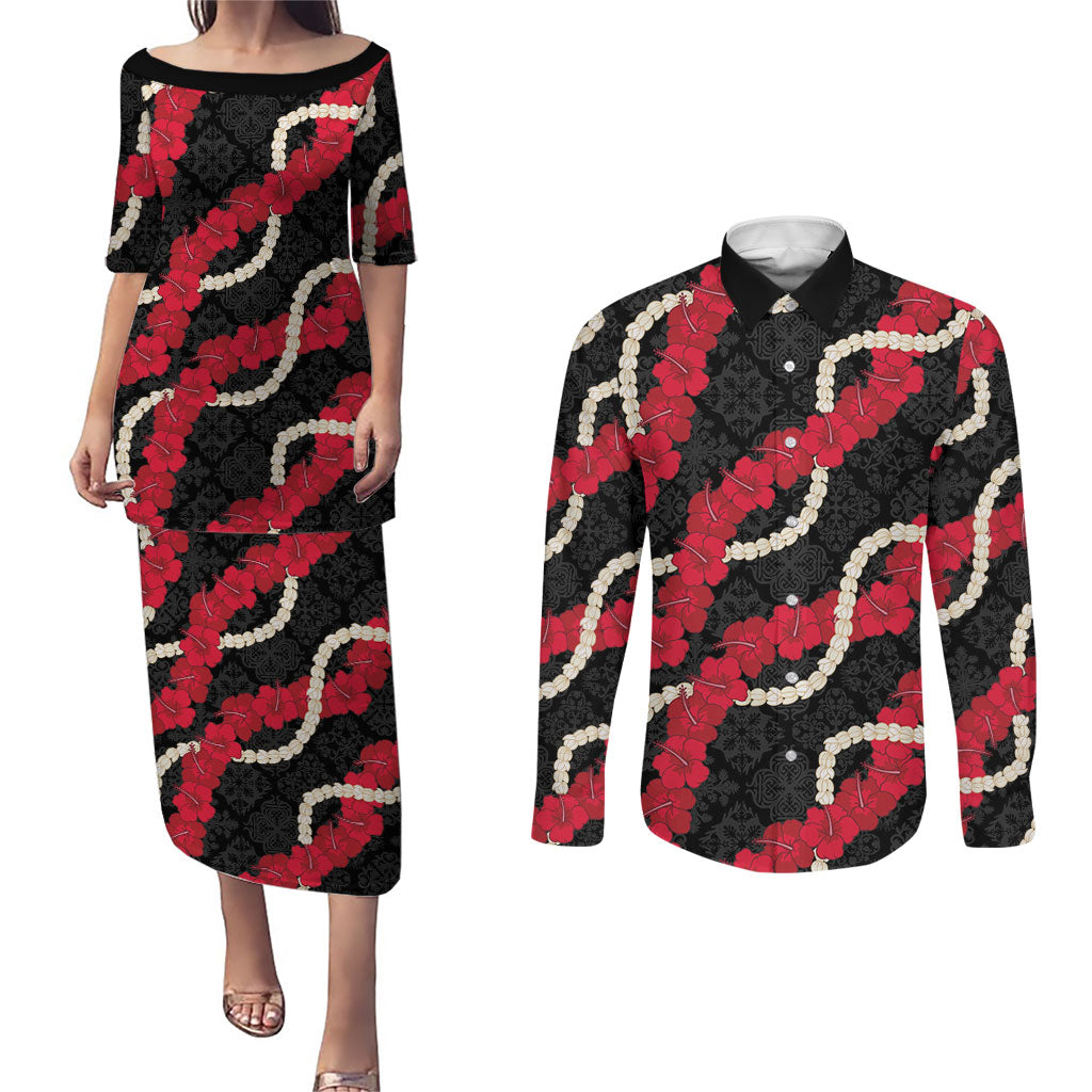 Aloha Ula'ula Hibiscus Pikake Lei Couples Matching Puletasi and Long Sleeve Button Shirt Hawaiian Quilt Pattern LT9 Black - Polynesian Pride