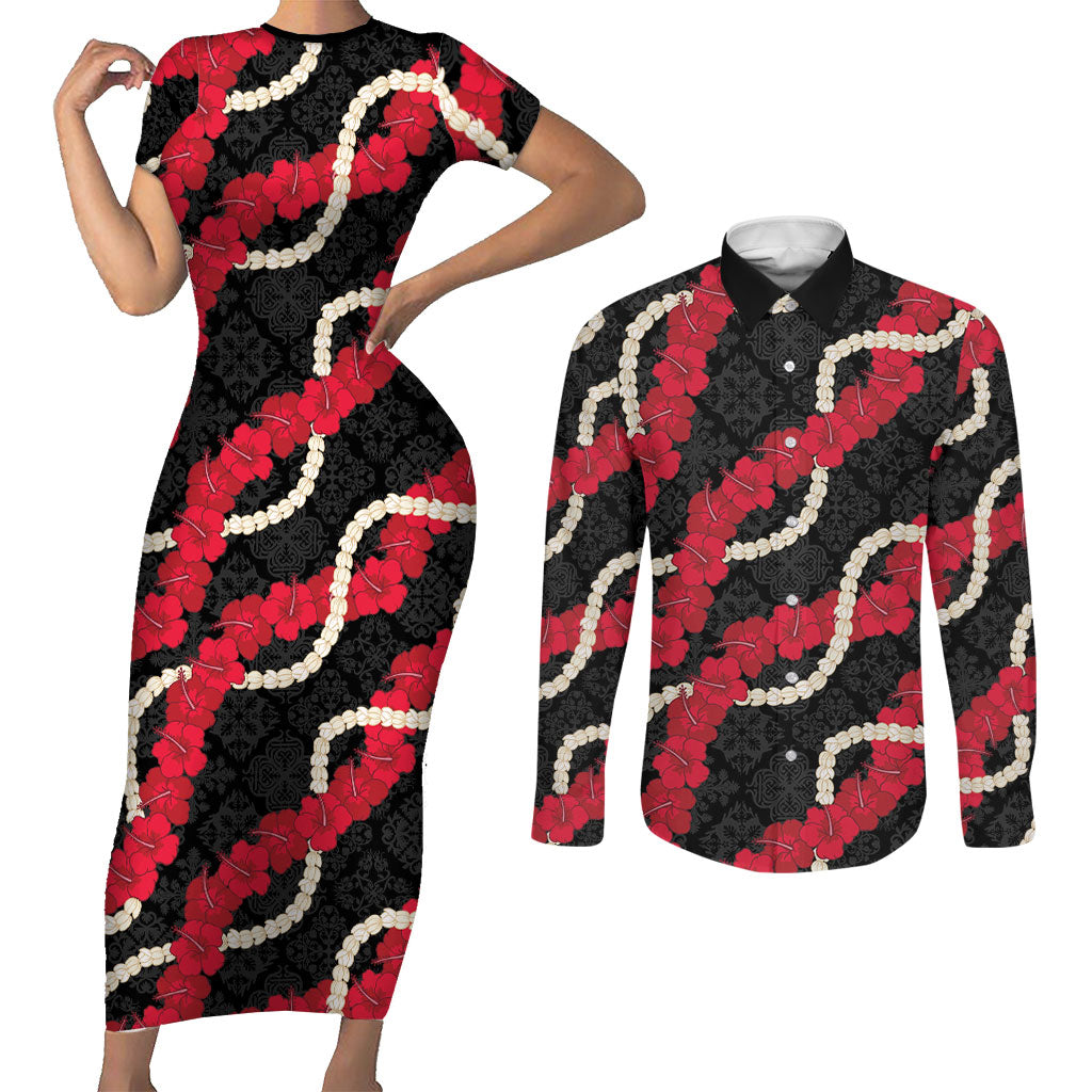Aloha Ula'ula Hibiscus Pikake Lei Couples Matching Short Sleeve Bodycon Dress and Long Sleeve Button Shirt Hawaiian Quilt Pattern
