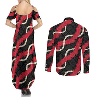 Aloha Ula'ula Hibiscus Pikake Lei Couples Matching Summer Maxi Dress and Long Sleeve Button Shirt Hawaiian Quilt Pattern LT9 - Polynesian Pride