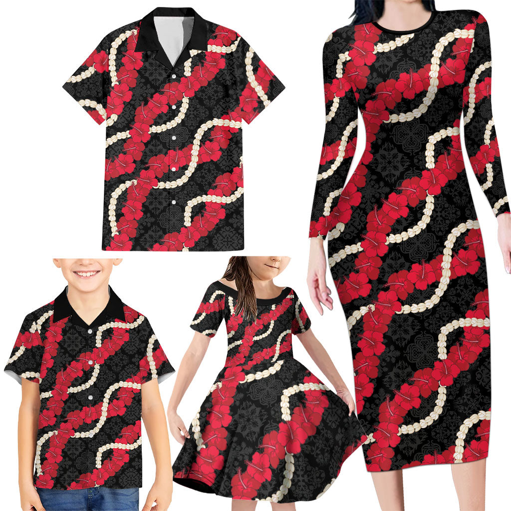 Aloha Ula'ula Hibiscus Pikake Lei Family Matching Long Sleeve Bodycon Dress and Hawaiian Shirt Hawaiian Quilt Pattern LT9 - Polynesian Pride