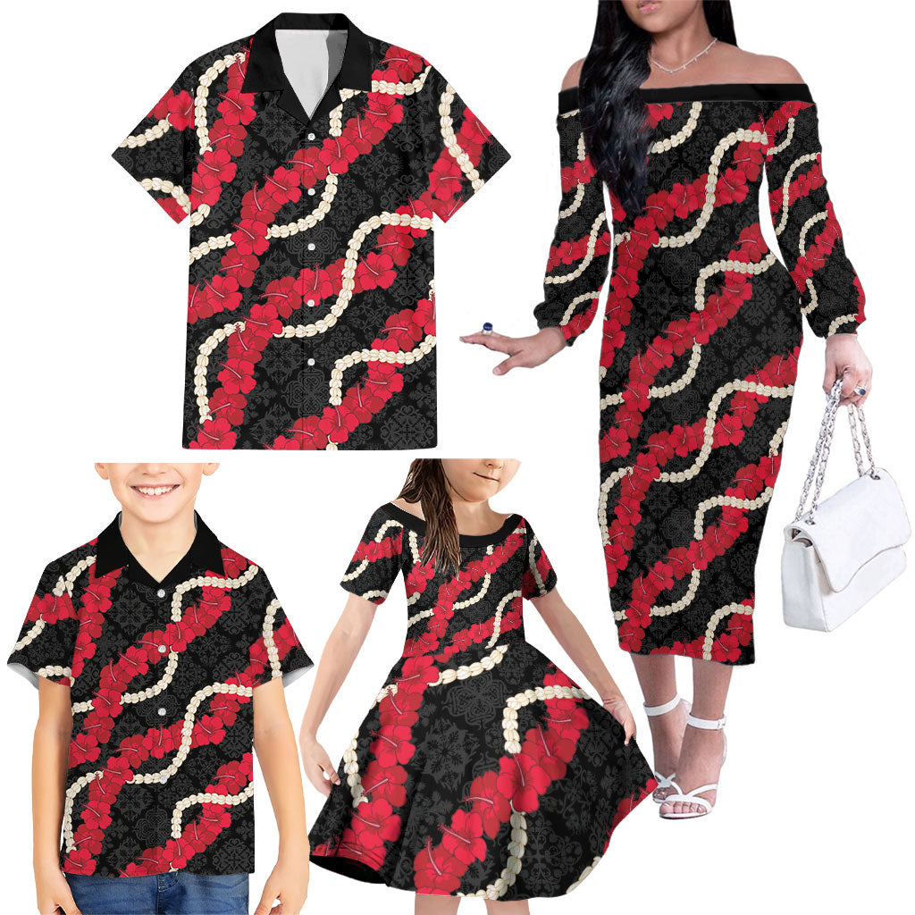 Aloha Ula'ula Hibiscus Pikake Lei Family Matching Off The Shoulder Long Sleeve Dress and Hawaiian Shirt Hawaiian Quilt Pattern LT9 - Polynesian Pride