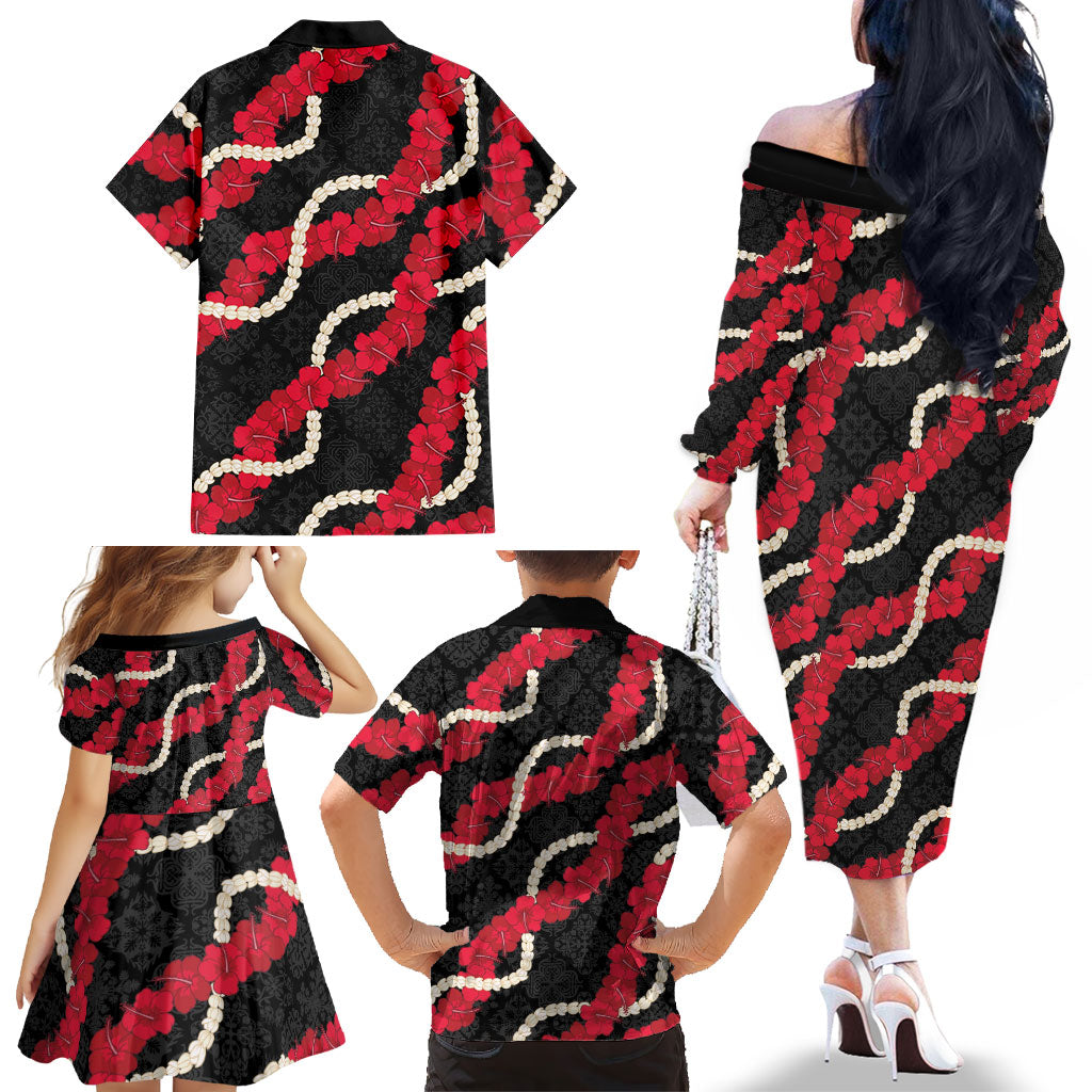 Aloha Ula'ula Hibiscus Pikake Lei Family Matching Off The Shoulder Long Sleeve Dress and Hawaiian Shirt Hawaiian Quilt Pattern
