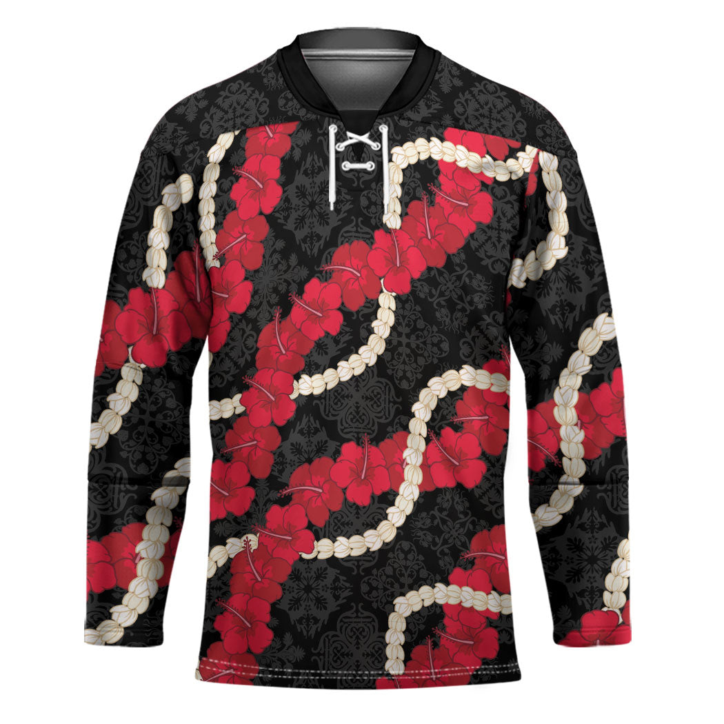 Aloha Ula'ula Hibiscus Pikake Lei Hockey Jersey Hawaiian Quilt Pattern LT9 Unisex Black - Polynesian Pride