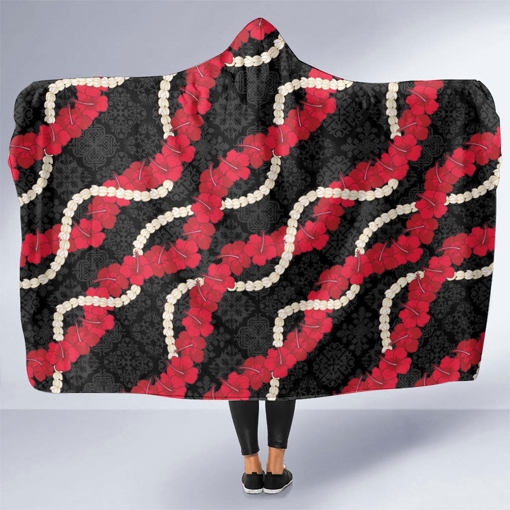 Aloha Ula'ula Hibiscus Pikake Lei Hooded Blanket Hawaiian Quilt Pattern LT9 One Size Black - Polynesian Pride