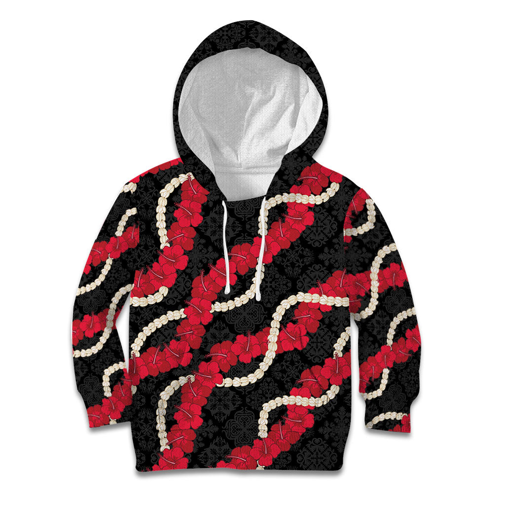 Aloha Ula'ula Hibiscus Pikake Lei Kid Hoodie Hawaiian Quilt Pattern LT9 Hoodie Black - Polynesian Pride