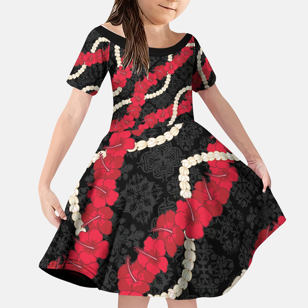 Aloha Ula'ula Hibiscus Pikake Lei Kid Short Sleeve Dress Hawaiian Quilt Pattern