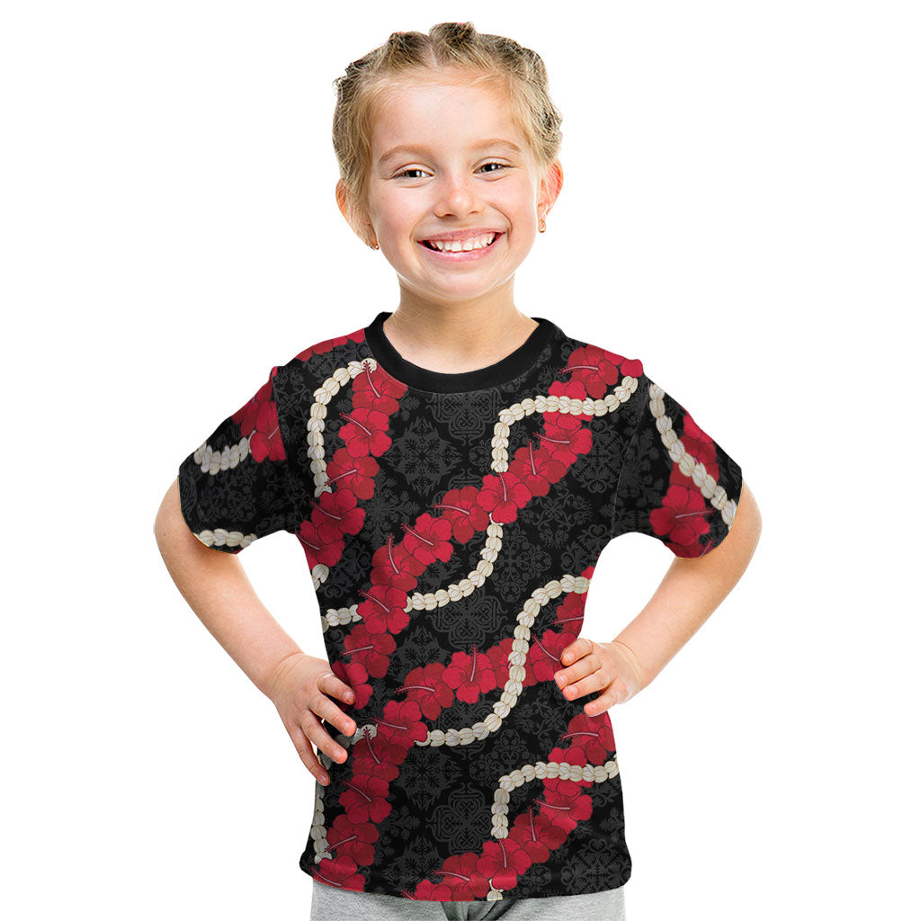 Aloha Ula'ula Hibiscus Pikake Lei Kid T Shirt Hawaiian Quilt Pattern LT9 Black - Polynesian Pride