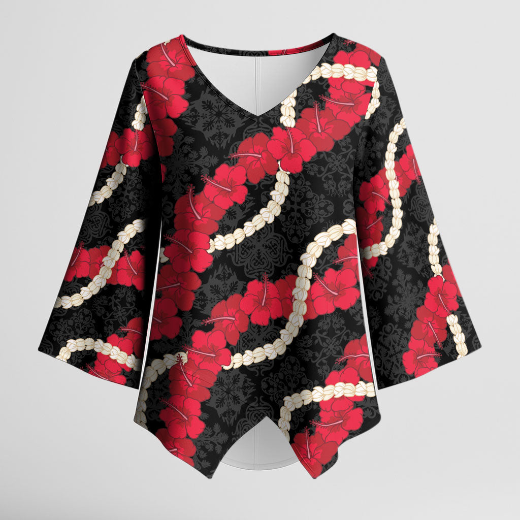 Aloha Ula'ula Hibiscus Pikake Lei Kimono Sleeve Blouse Hawaiian Quilt Pattern LT9 Female Black - Polynesian Pride