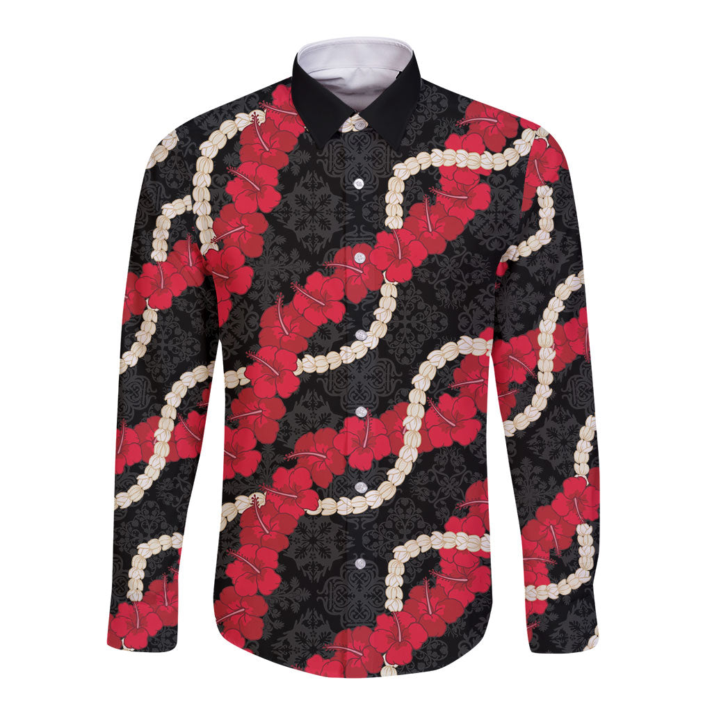 Aloha Ula'ula Hibiscus Pikake Lei Long Sleeve Button Shirt Hawaiian Quilt Pattern LT9 Unisex Black - Polynesian Pride