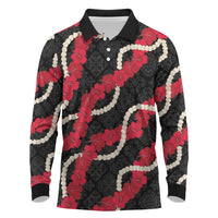 Aloha Ula'ula Hibiscus Pikake Lei Long Sleeve Polo Shirt Hawaiian Quilt Pattern LT9 Black - Polynesian Pride