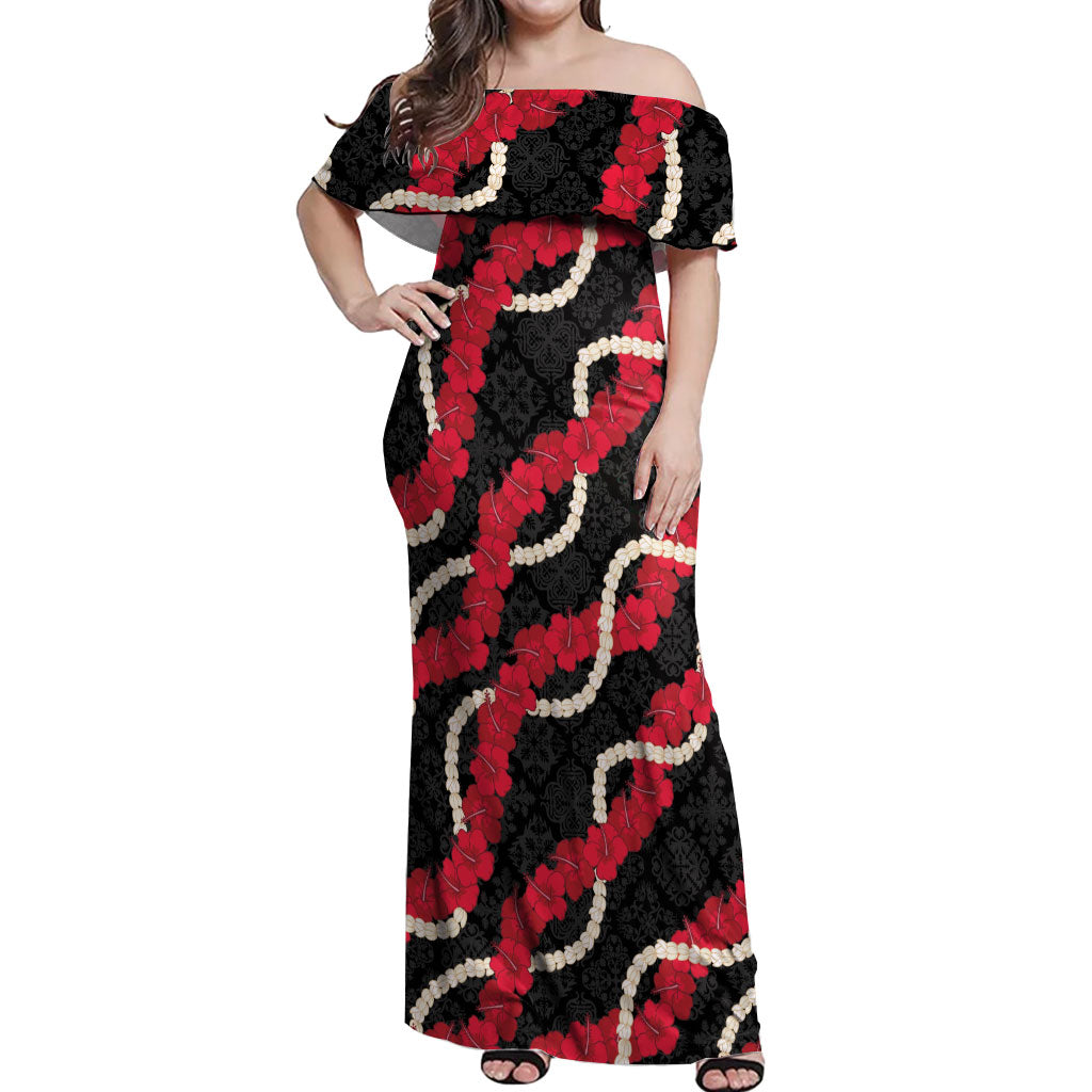 Aloha Ula'ula Hibiscus Pikake Lei Off Shoulder Maxi Dress Hawaiian Quilt Pattern LT9 Women Black - Polynesian Pride