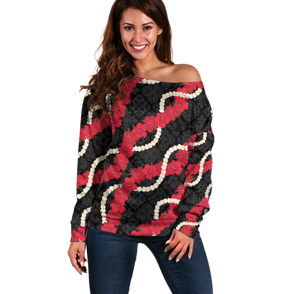 Aloha Ula'ula Hibiscus Pikake Lei Off Shoulder Sweater Hawaiian Quilt Pattern LT9 Women Black - Polynesian Pride