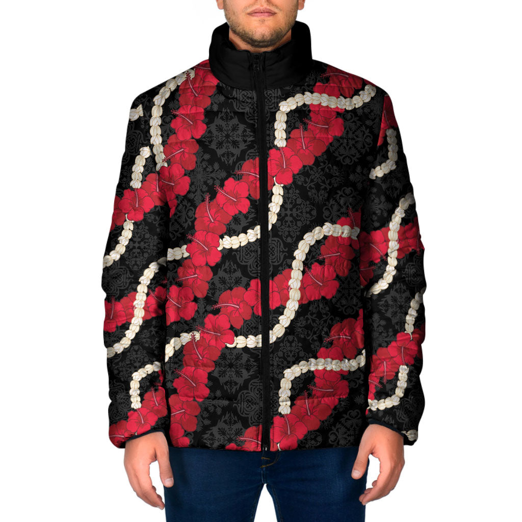 Aloha Ula'ula Hibiscus Pikake Lei Padded Jacket Hawaiian Quilt Pattern LT9 Men Black - Polynesian Pride