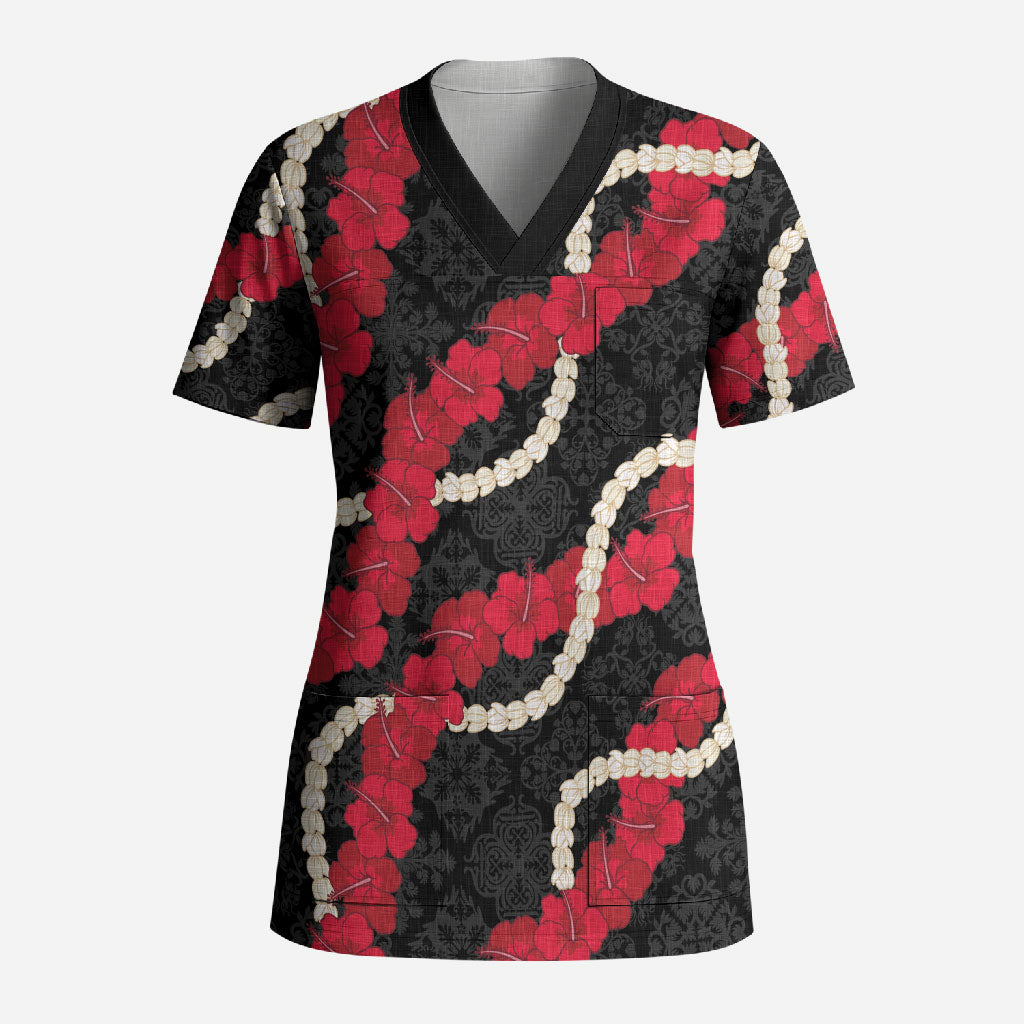 Aloha Ula'ula Hibiscus Pikake Lei Scrub Top Hawaiian Quilt Pattern LT9 Adult Black - Polynesian Pride
