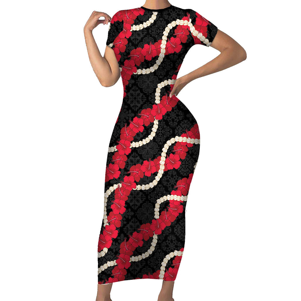 Aloha Ula'ula Hibiscus Pikake Lei Short Sleeve Bodycon Dress Hawaiian Quilt Pattern