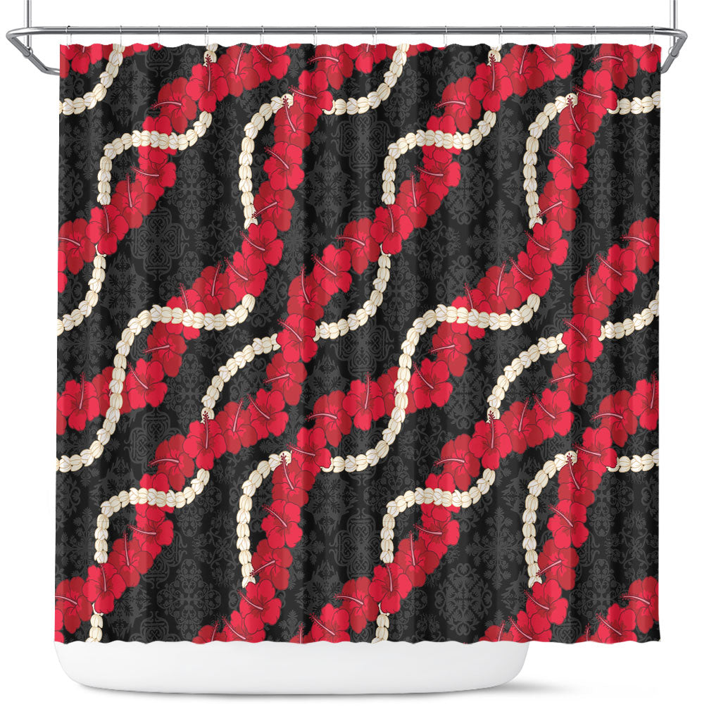 Aloha Ula'ula Hibiscus Pikake Lei Shower Curtain Hawaiian Quilt Pattern LT9 Black - Polynesian Pride