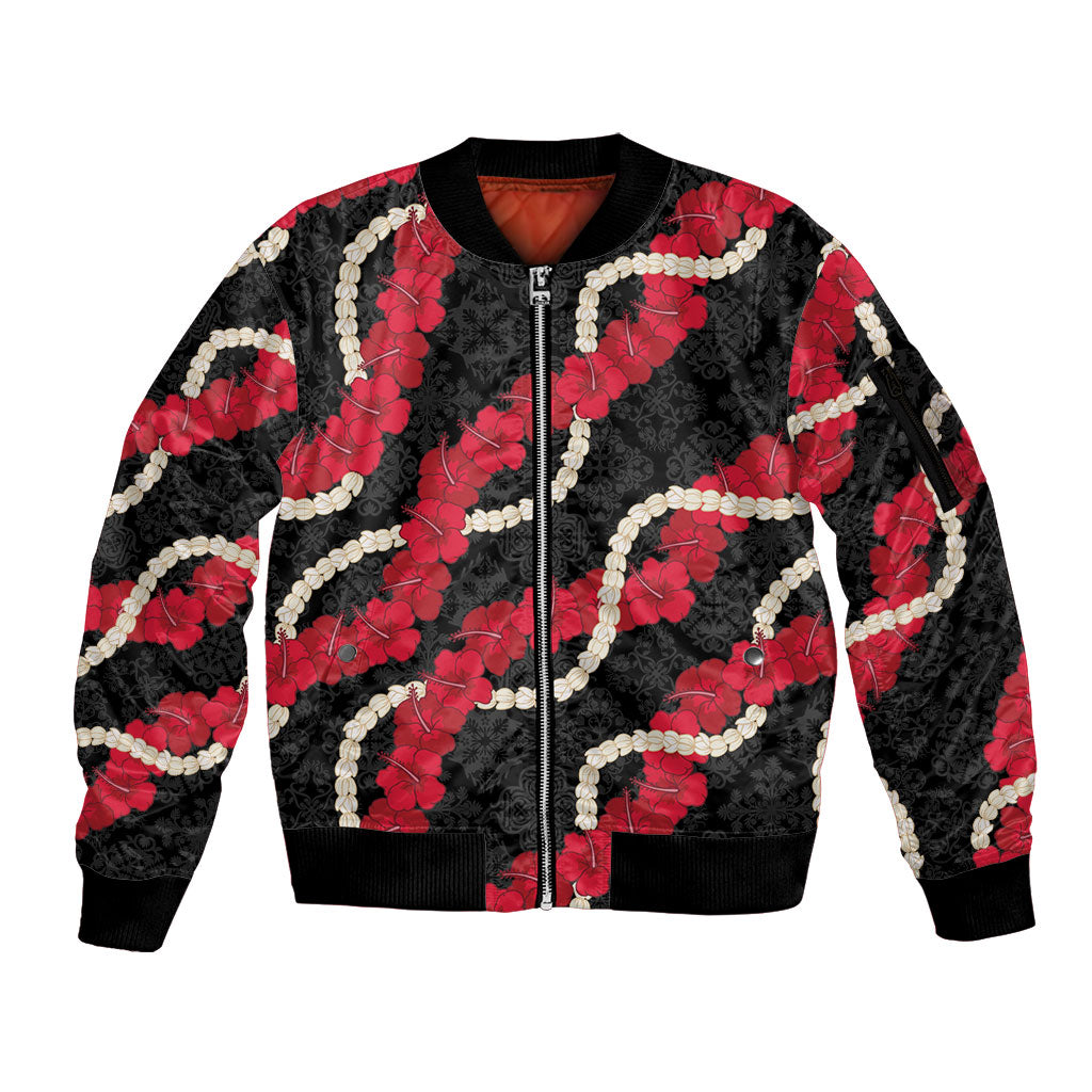 Aloha Ula'ula Hibiscus Pikake Lei Sleeve Zip Bomber Jacket Hawaiian Quilt Pattern LT9 Unisex Black - Polynesian Pride