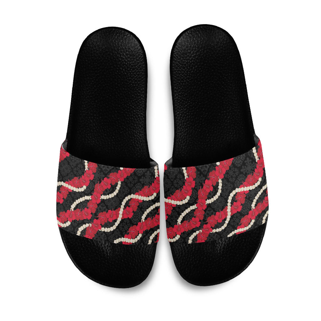 Aloha Ula'ula Hibiscus Pikake Lei Slide Sandals Hawaiian Quilt Pattern LT9 Black - Polynesian Pride
