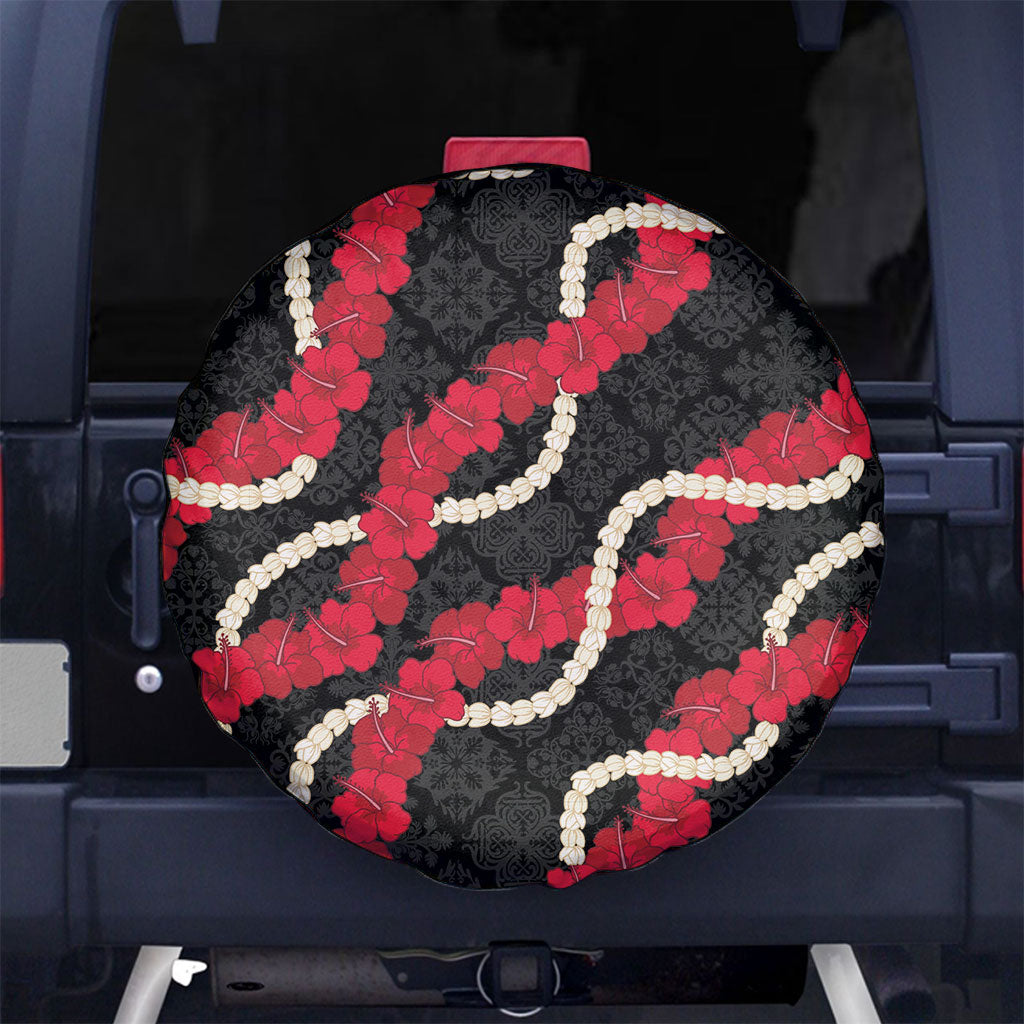 Aloha Ula'ula Hibiscus Pikake Lei Spare Tire Cover Hawaiian Quilt Pattern LT9 No hole Black - Polynesian Pride