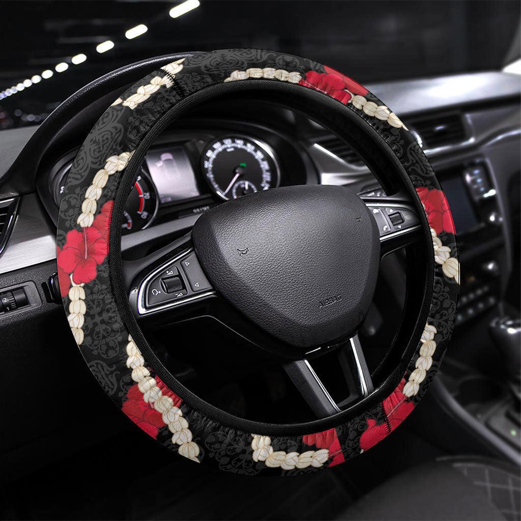Aloha Ula'ula Hibiscus Pikake Lei Steering Wheel Cover Hawaiian Quilt Pattern LT9 Universal Fit Black - Polynesian Pride