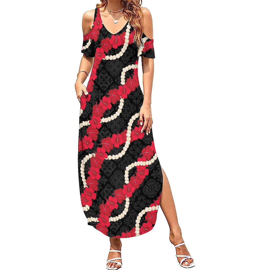 Aloha Ula'ula Hibiscus Pikake Lei Summer Maxi Dress Hawaiian Quilt Pattern LT9 Women Black - Polynesian Pride