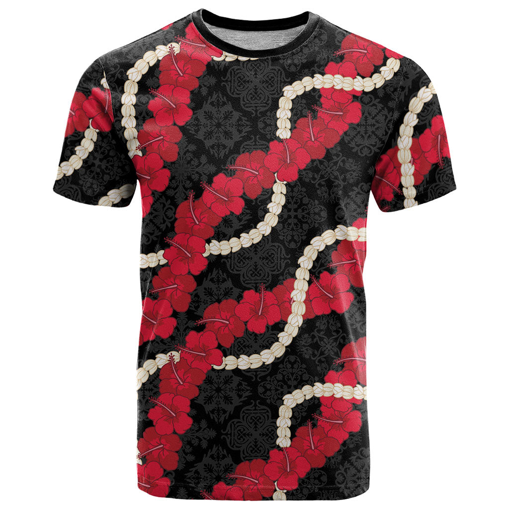 Aloha Ula'ula Hibiscus Pikake Lei T Shirt Hawaiian Quilt Pattern LT9 Black - Polynesian Pride