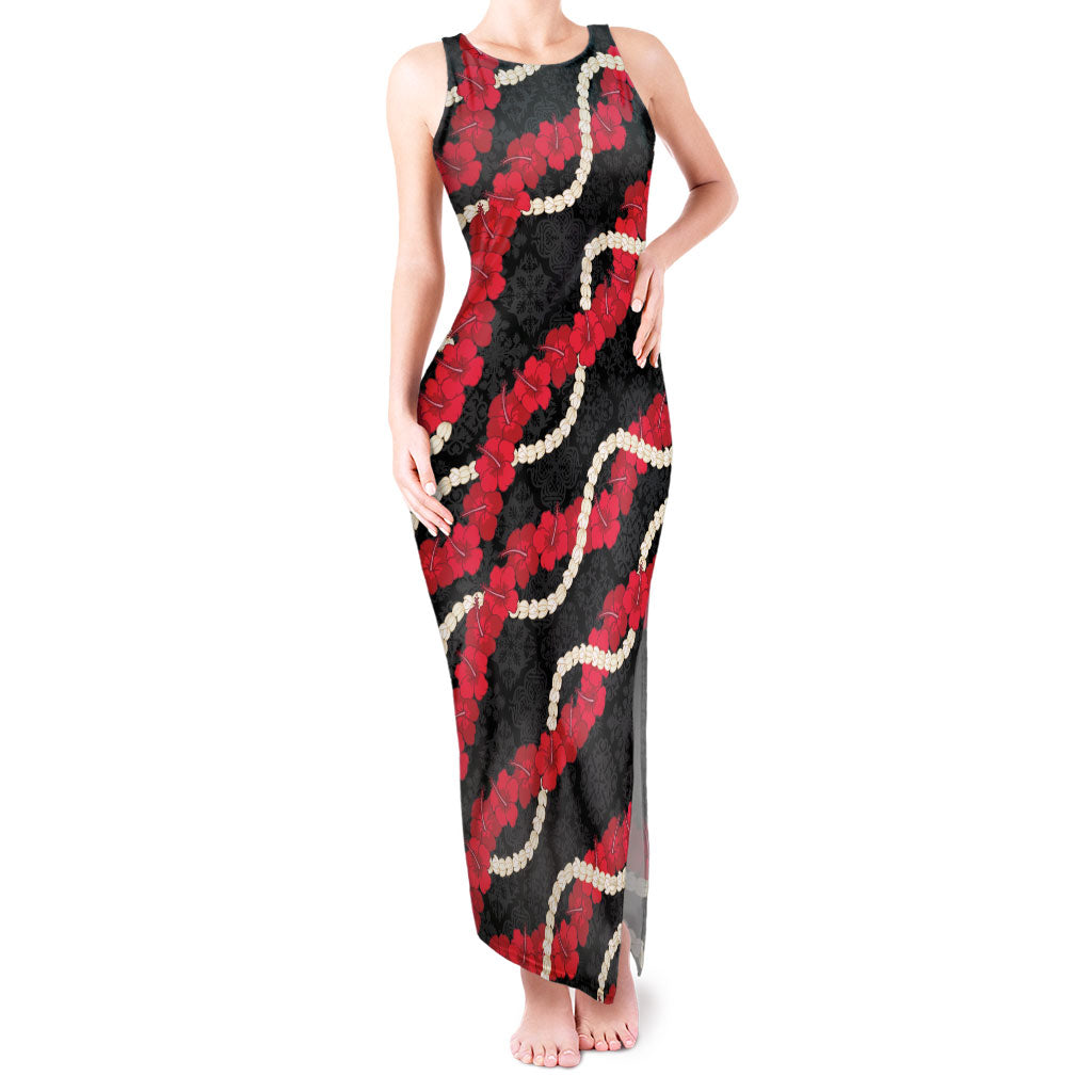 Aloha Ula'ula Hibiscus Pikake Lei Tank Maxi Dress Hawaiian Quilt Pattern LT9 Women Black - Polynesian Pride