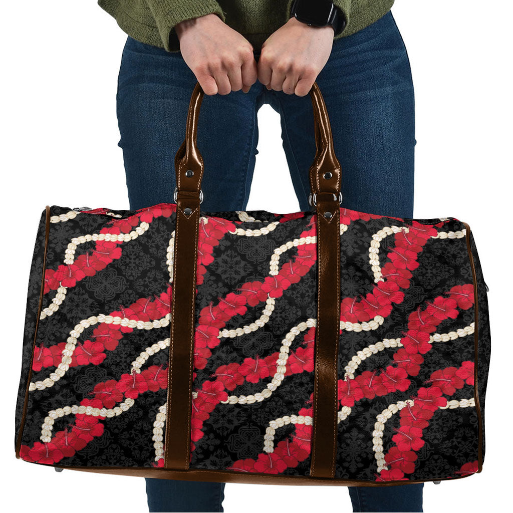 Aloha Ula'ula Hibiscus Pikake Lei Travel Bag Hawaiian Quilt Pattern LT9 Black - Polynesian Pride