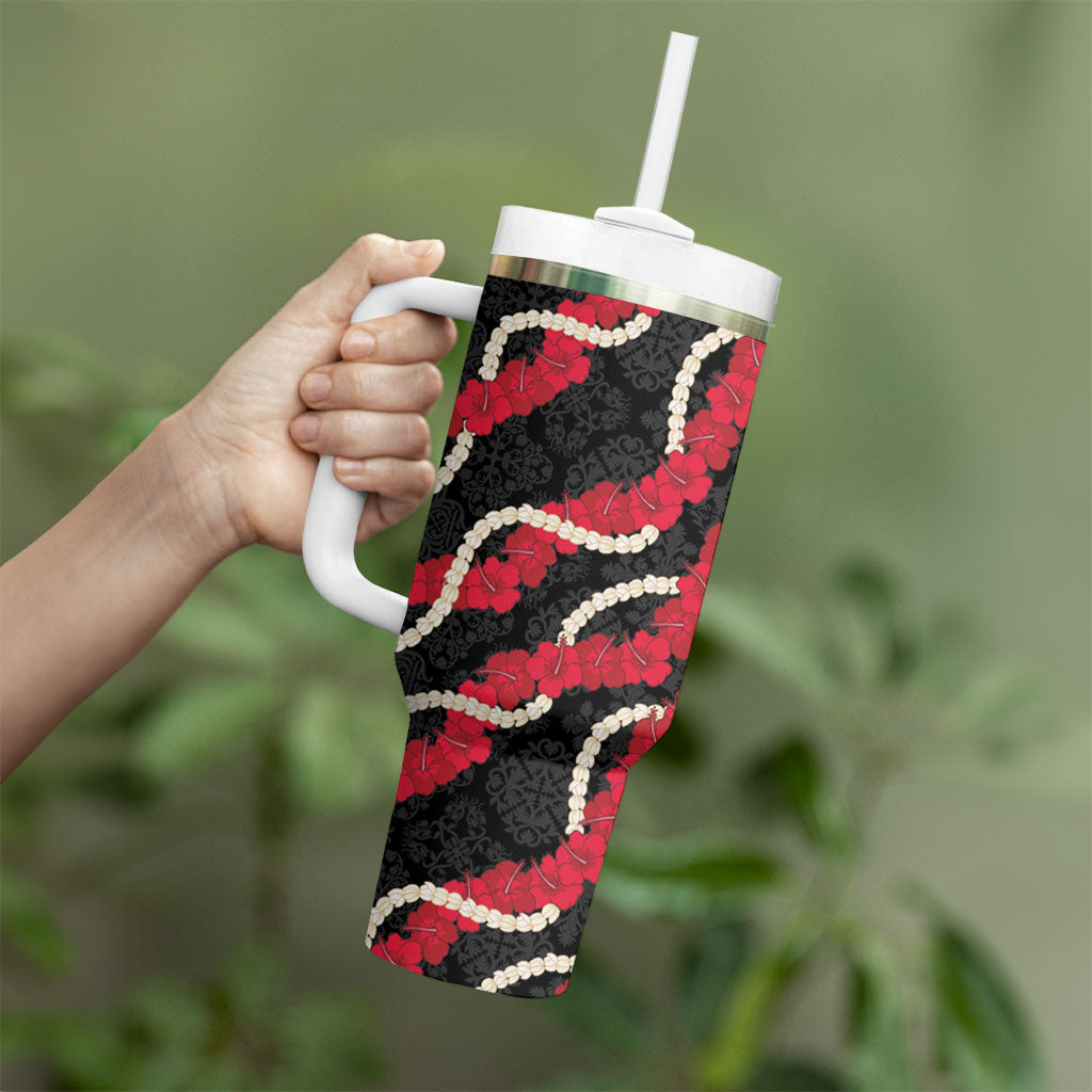 Aloha Ula'ula Hibiscus Pikake Lei Tumbler With Handle Hawaiian Quilt Pattern