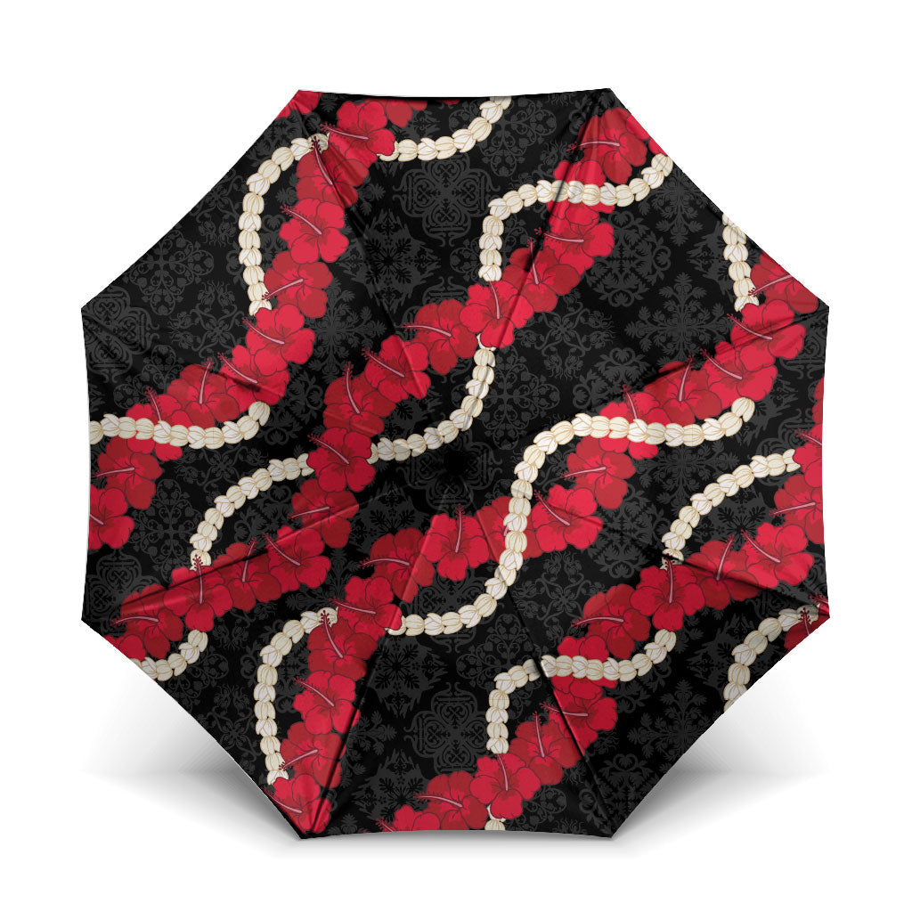 Aloha Ula'ula Hibiscus Pikake Lei Umbrella Hawaiian Quilt Pattern LT9 One Size Folded 11.42 inch Opened Diameter 37.4 inch Black - Polynesian Pride