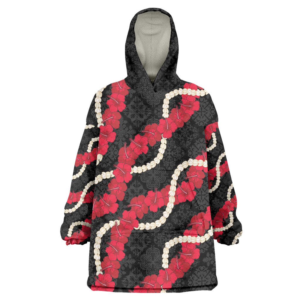 Aloha Ula'ula Hibiscus Pikake Lei Wearable Blanket Hoodie Hawaiian Quilt Pattern LT9 One Size Black - Polynesian Pride