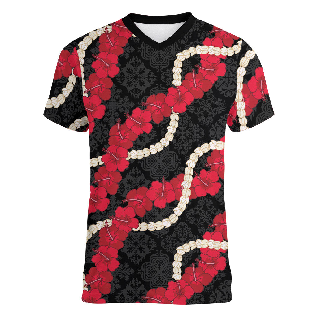 Aloha Ula'ula Hibiscus Pikake Lei Women V-Neck T-Shirt Hawaiian Quilt Pattern LT9 Female Black - Polynesian Pride