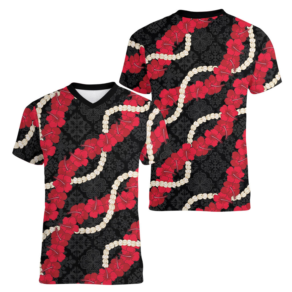 Aloha Ula'ula Hibiscus Pikake Lei Women V-Neck T-Shirt Hawaiian Quilt Pattern LT9 - Polynesian Pride