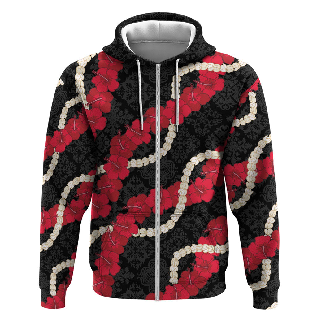 Aloha Ula'ula Hibiscus Pikake Lei Zip Hoodie Hawaiian Quilt Pattern LT9 Zip Hoodie Black - Polynesian Pride