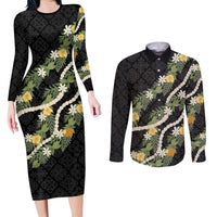 Puakenikeni Anthurium Pikake Lei Couples Matching Long Sleeve Bodycon Dress and Long Sleeve Button Shirt Hawaiian Quilt Pattern