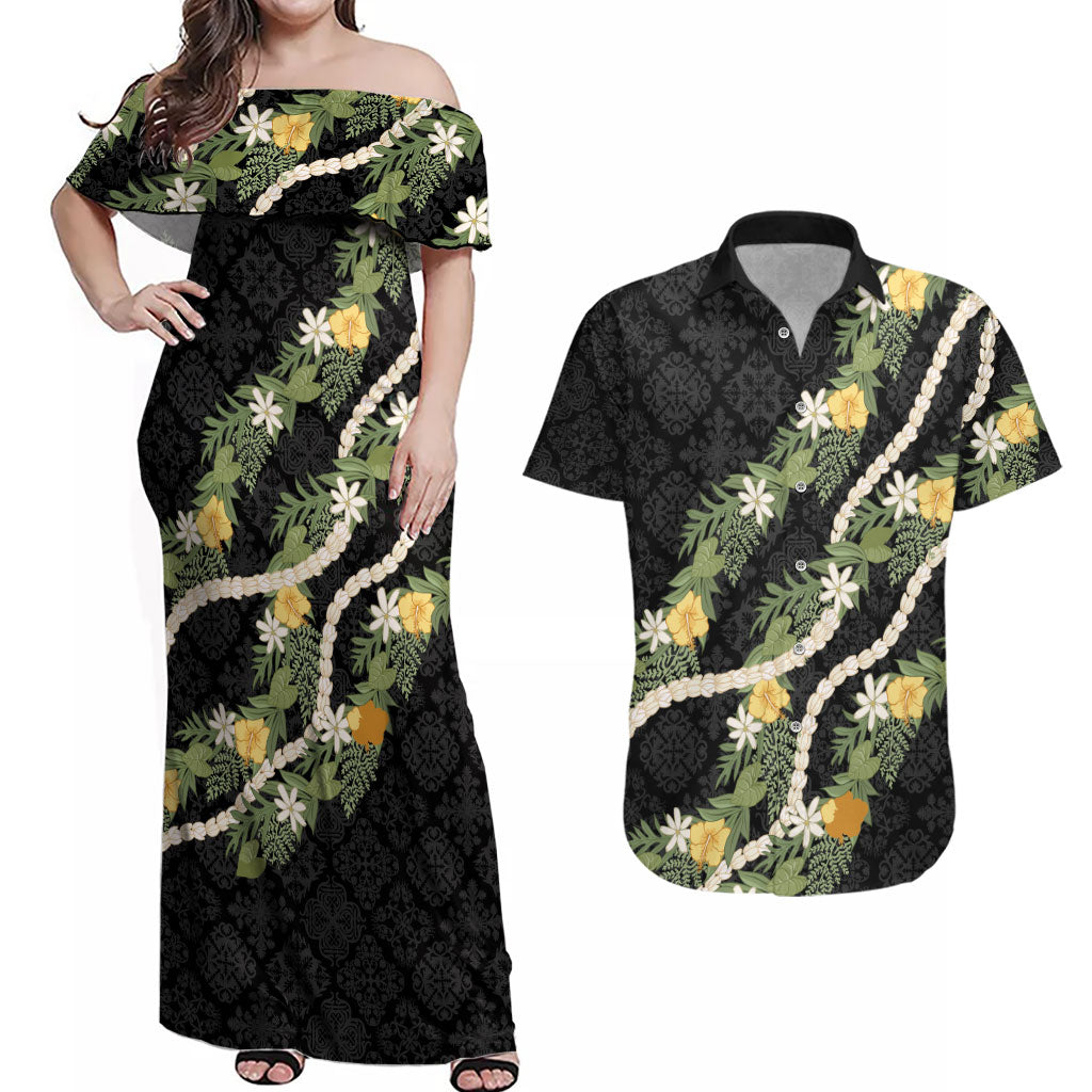 Puakenikeni Anthurium Pikake Lei Couples Matching Off Shoulder Maxi Dress and Hawaiian Shirt Hawaiian Quilt Pattern