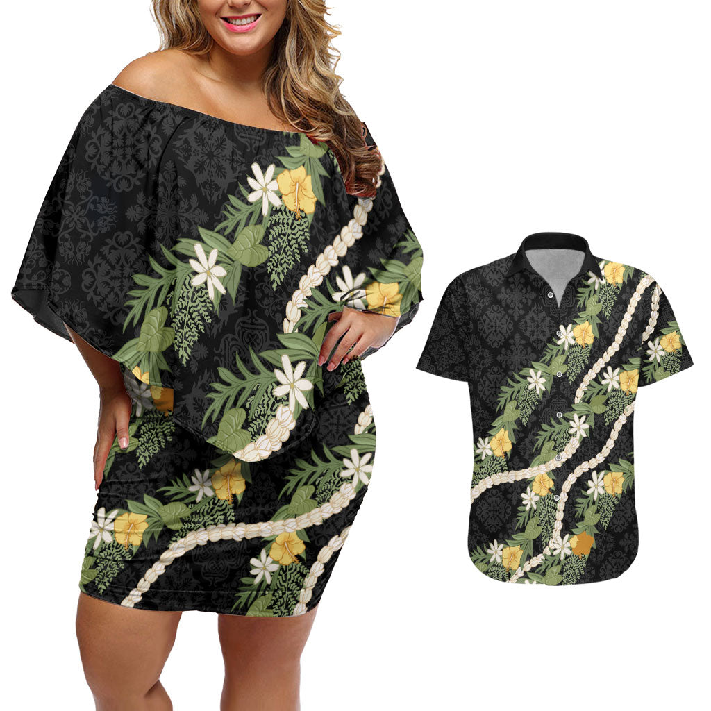 Puakenikeni Anthurium Pikake Lei Couples Matching Off Shoulder Short Dress and Hawaiian Shirt Hawaiian Quilt Pattern
