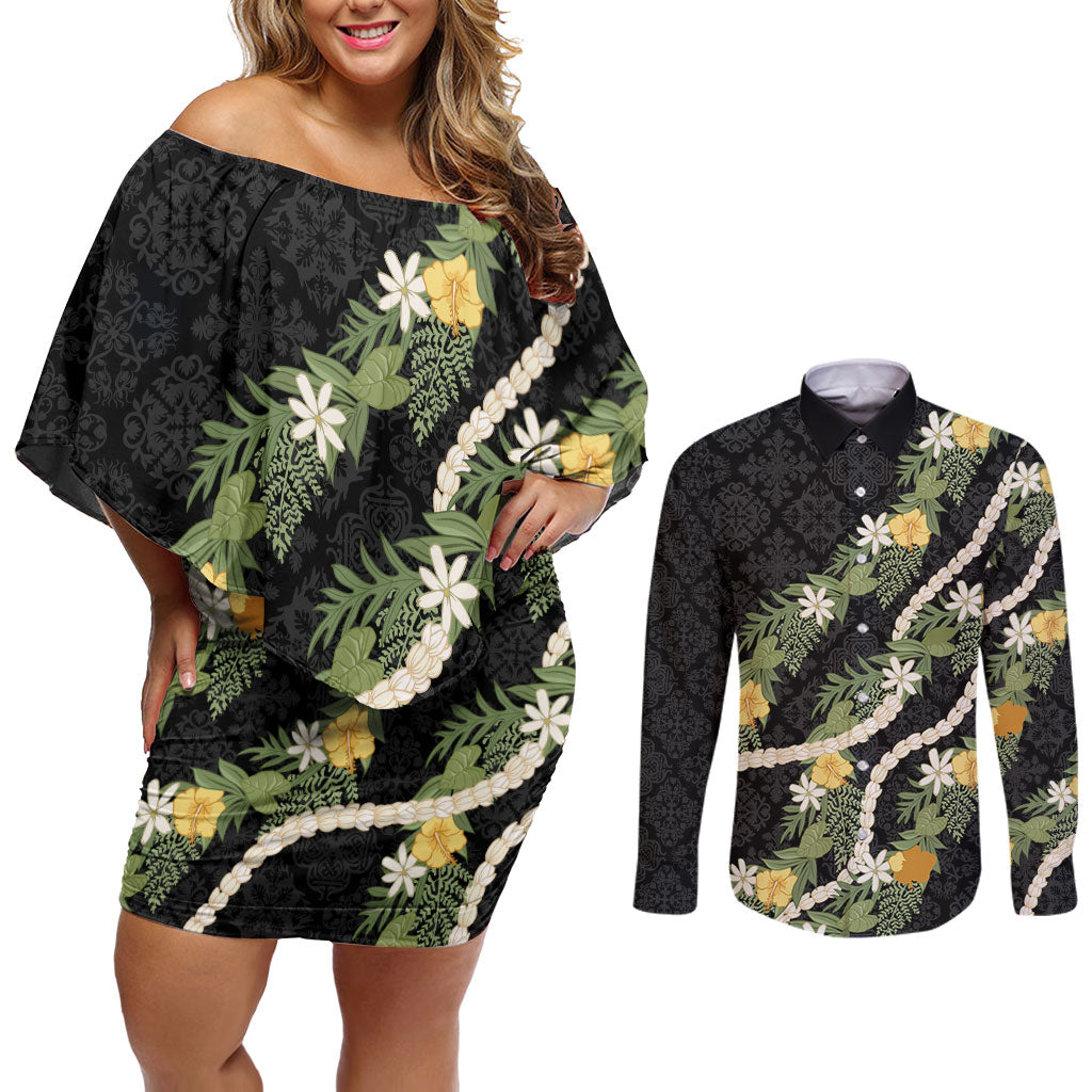 Puakenikeni Anthurium Pikake Lei Couples Matching Off Shoulder Short Dress and Long Sleeve Button Shirt Hawaiian Quilt Pattern
