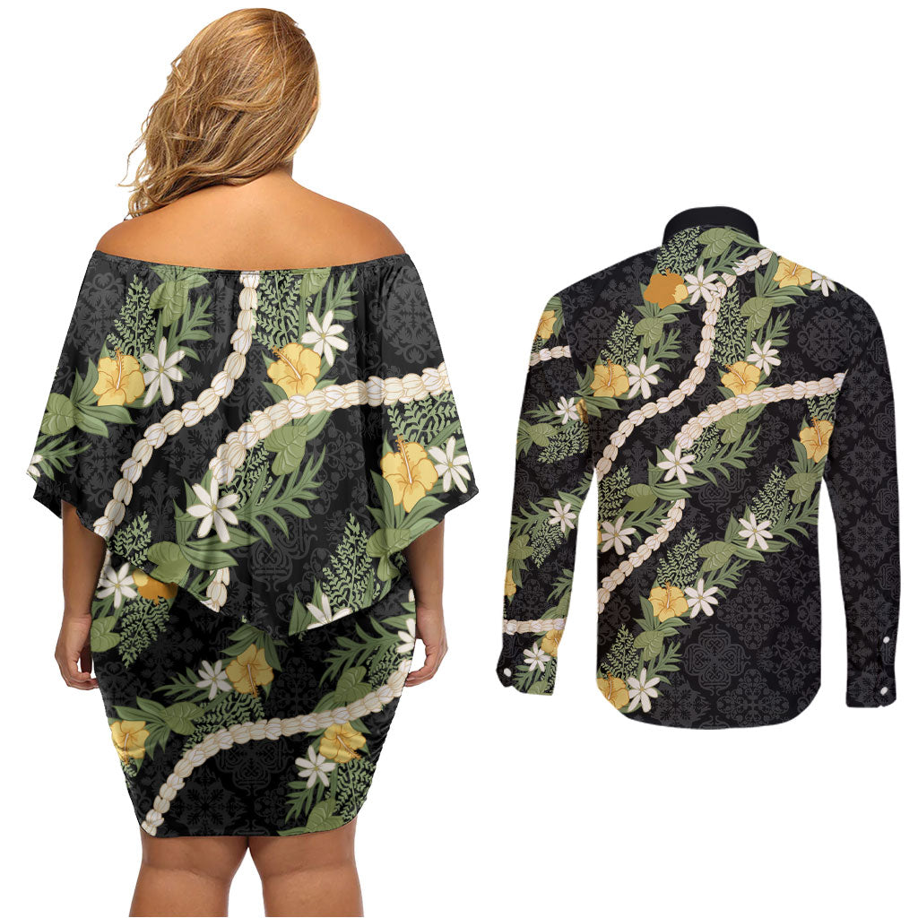 Puakenikeni Anthurium Pikake Lei Couples Matching Off Shoulder Short Dress and Long Sleeve Button Shirt Hawaiian Quilt Pattern LT9 - Polynesian Pride