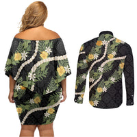 Puakenikeni Anthurium Pikake Lei Couples Matching Off Shoulder Short Dress and Long Sleeve Button Shirt Hawaiian Quilt Pattern LT9 - Polynesian Pride