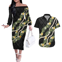 Puakenikeni Anthurium Pikake Lei Couples Matching Off The Shoulder Long Sleeve Dress and Hawaiian Shirt Hawaiian Quilt Pattern