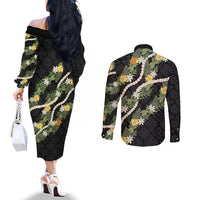 Puakenikeni Anthurium Pikake Lei Couples Matching Off The Shoulder Long Sleeve Dress and Long Sleeve Button Shirt Hawaiian Quilt Pattern
