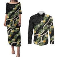 Puakenikeni Anthurium Pikake Lei Couples Matching Puletasi and Long Sleeve Button Shirt Hawaiian Quilt Pattern LT9 Black - Polynesian Pride