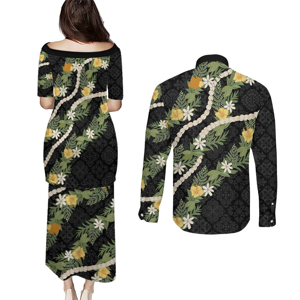 Puakenikeni Anthurium Pikake Lei Couples Matching Puletasi and Long Sleeve Button Shirt Hawaiian Quilt Pattern LT9 - Polynesian Pride
