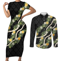 Puakenikeni Anthurium Pikake Lei Couples Matching Short Sleeve Bodycon Dress and Long Sleeve Button Shirt Hawaiian Quilt Pattern