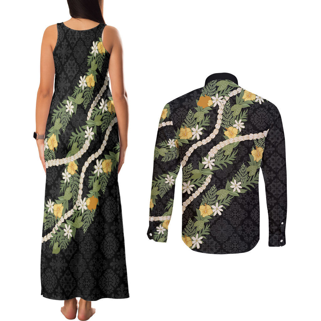 Puakenikeni Anthurium Pikake Lei Couples Matching Tank Maxi Dress and Long Sleeve Button Shirt Hawaiian Quilt Pattern LT9 - Polynesian Pride